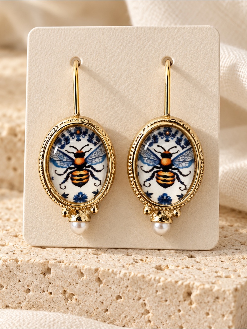 💙💛🐝 Gold Oval Bee & Blue Floral Pearl Accent Drop Earrings